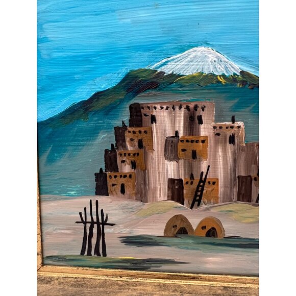 Framed Southwestern Village w/ Mountains Painting Signed Redwillow 10" x 8" - Picture 4 of 4